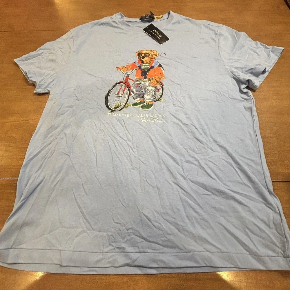 Polo Ralph Lauren Shirt Mens L Blue Classic Fit Polo Bear Bike Graphic Tee NEW